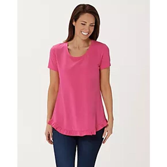 2X Isaac Mizrahi Live Flutter Ruffle Hem TOP Beefy Pink T-Shirt Tee QVC NEW - Picture 1 of 7